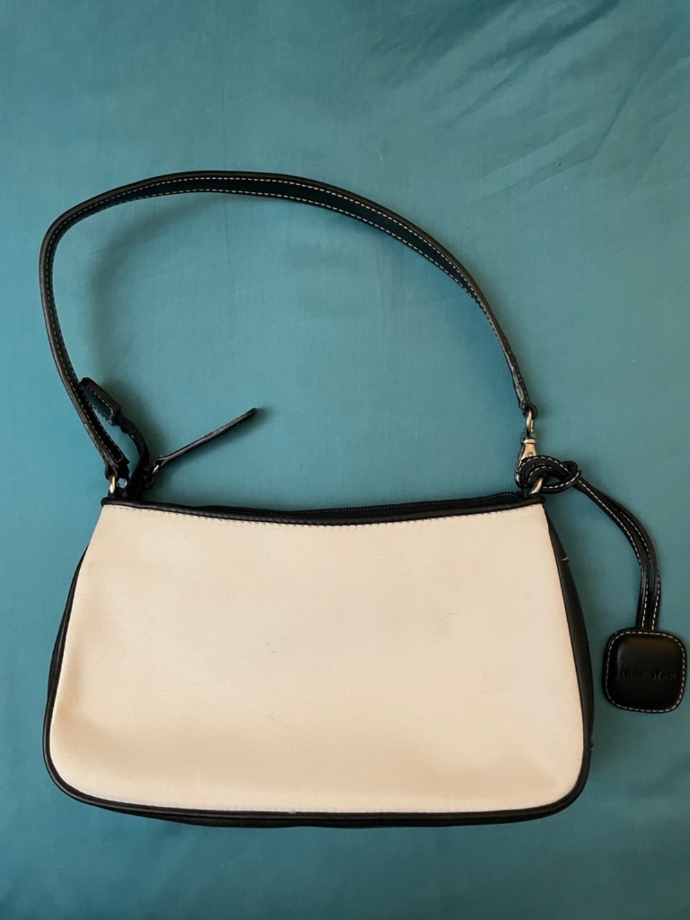 Nine West White Canvas and Black leather bottom Trim Shoulder Bag